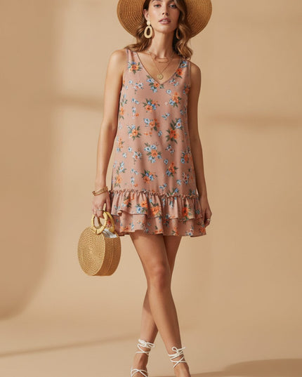 Women's Sleeveless Floral Ruffle Hem Mini Summer Dress