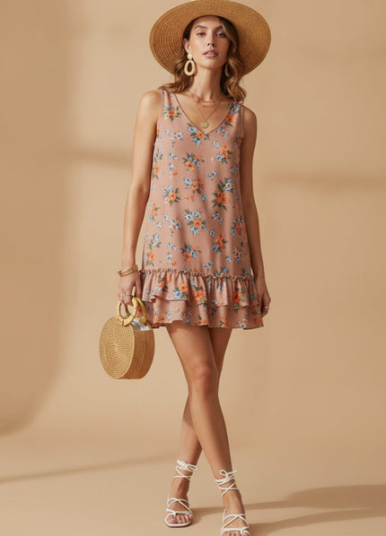 Women's Sleeveless Floral Ruffle Hem Mini Summer Dress