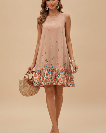 Women's Sleeveless Floral Ruffle Hem Mini Summer Dress