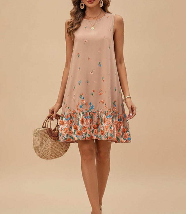 Women's Sleeveless Floral Ruffle Hem Mini Summer Dress