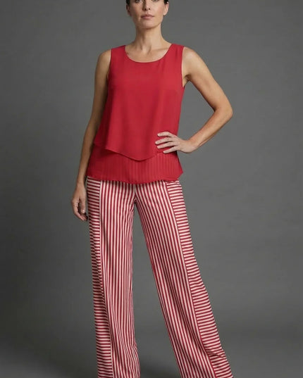 Red sleeveless top with red and white striped wide leg pants in a bold summer co ord set