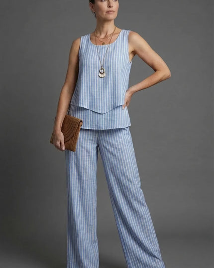 Blue striped sleeveless top with matching wide leg pants and woven clutch co ord set