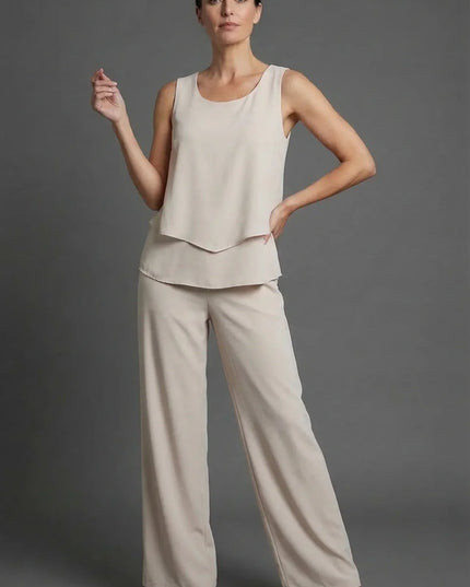 Beige sleeveless top with matching wide leg pants in a neutral summer co ord set