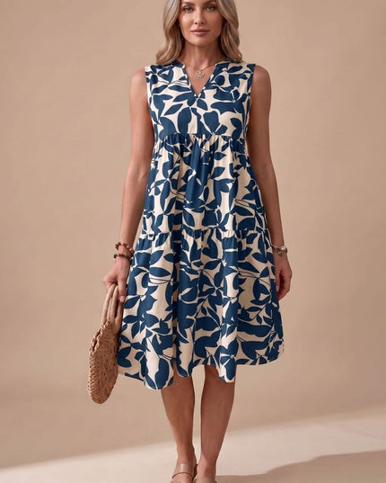 Women's Sleeveless Leaf Print Tiered A-Line Midi Sundress