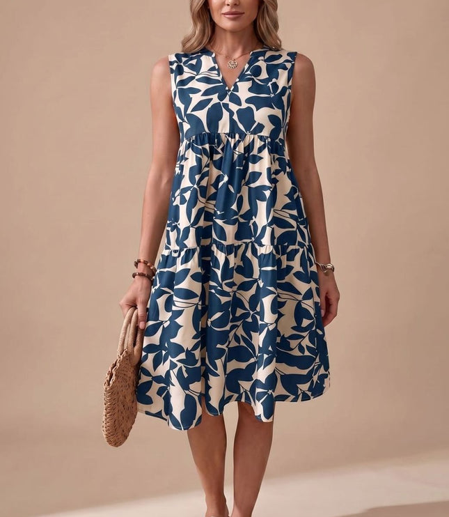 Women's Sleeveless Leaf Print Tiered A-Line Midi Sundress