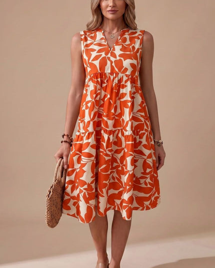 Women's Sleeveless Leaf Print Tiered A-Line Midi Sundress