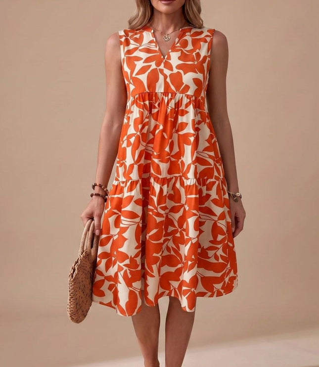 Women's Sleeveless Leaf Print Tiered A-Line Midi Sundress
