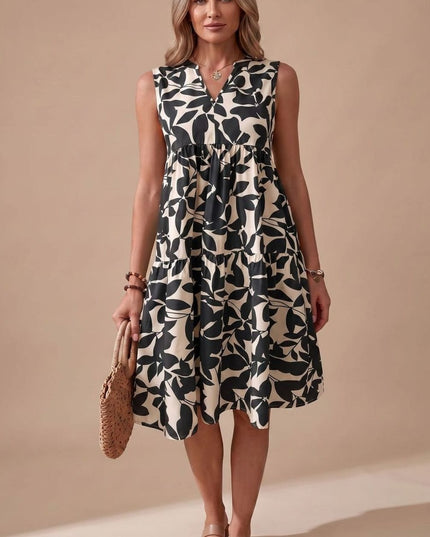Women's Sleeveless Leaf Print Tiered A-Line Midi Sundress