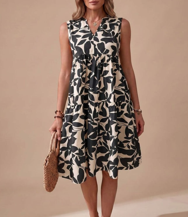 Women's Sleeveless Leaf Print Tiered A-Line Midi Sundress