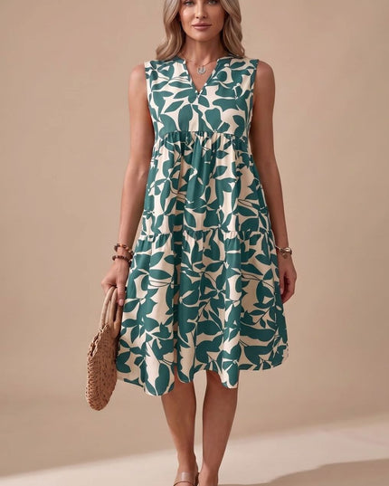 Women's Sleeveless Leaf Print Tiered A-Line Midi Sundress