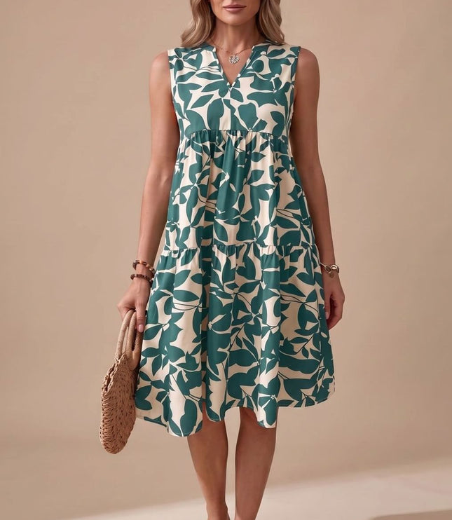 Women's Sleeveless Leaf Print Tiered A-Line Midi Sundress