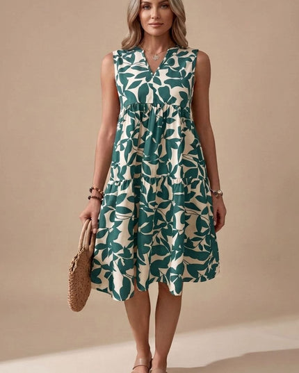 Women's Sleeveless Leaf Print Tiered A-Line Midi Sundress