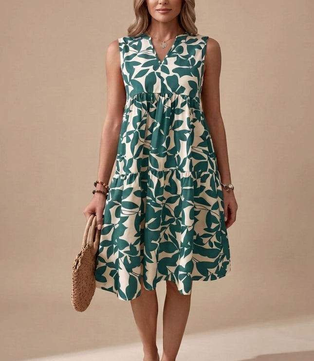 Women's Sleeveless Leaf Print Tiered A-Line Midi Sundress
