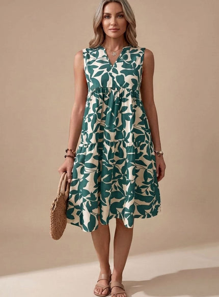 Women's Sleeveless Leaf Print Tiered A-Line Midi Sundress
