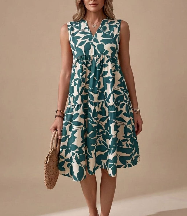 Women's Sleeveless Leaf Print Tiered A-Line Midi Sundress