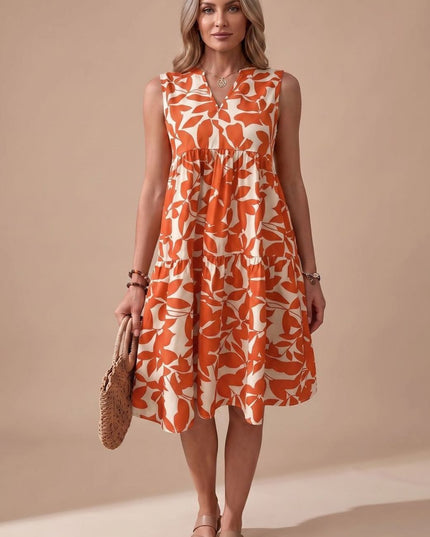 Women's Sleeveless Leaf Print Tiered A-Line Midi Sundress
