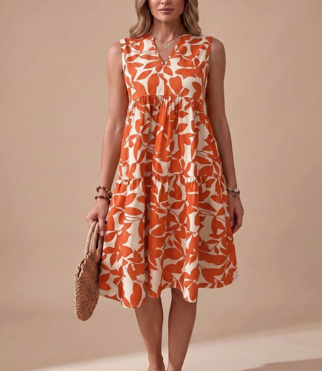 Women's Sleeveless Leaf Print Tiered A-Line Midi Sundress