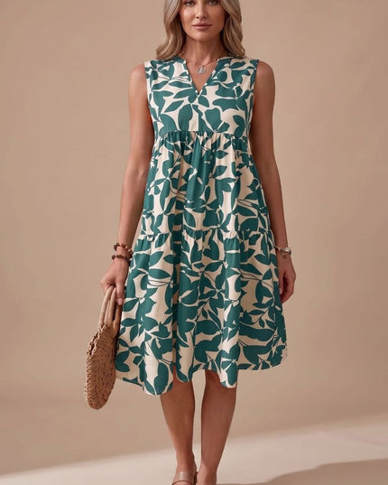 Women's Sleeveless Leaf Print Tiered A-Line Midi Sundress