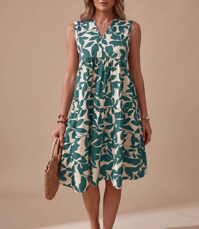 Women's Sleeveless Leaf Print Tiered A-Line Midi Sundress