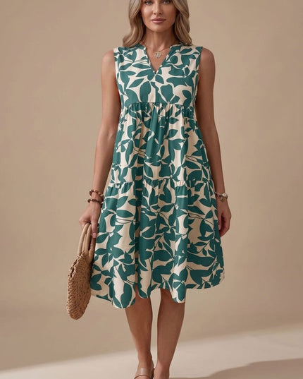 Women's Sleeveless Leaf Print Tiered A-Line Midi Sundress