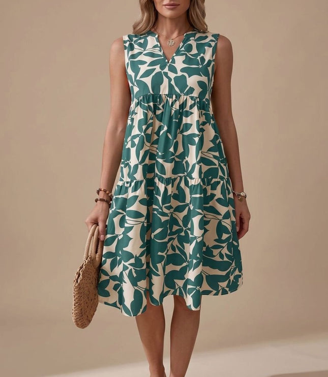 Women's Sleeveless Leaf Print Tiered A-Line Midi Sundress