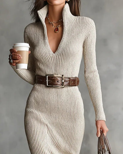 Women's Slim Fit Midi Dress with a Half Turtleneck and V-Neck
