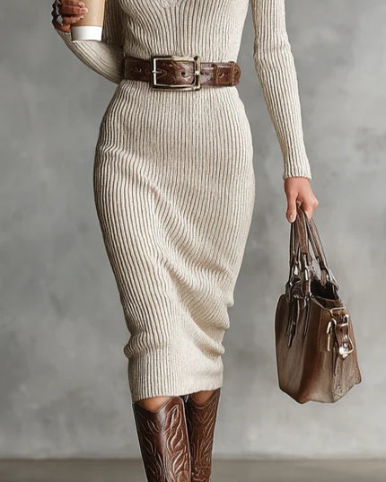 Women's Slim Fit Midi Dress with a Half Turtleneck and V-Neck