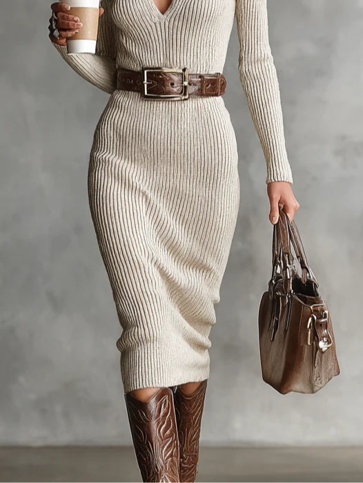Women's Slim Fit Midi Dress with a Half Turtleneck and V-Neck