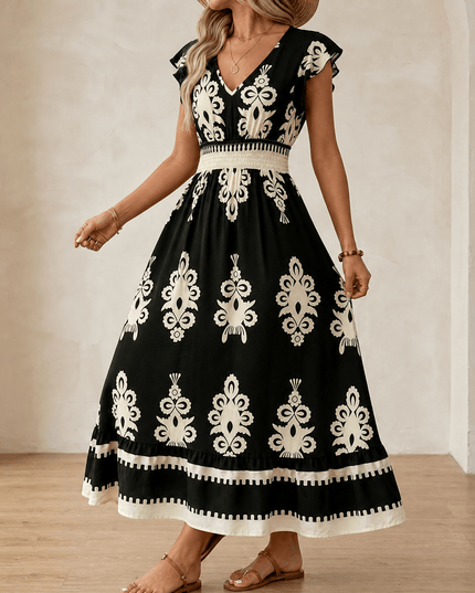 Women's Smocked Baroque Print Cap Sleeve Maxi Dress