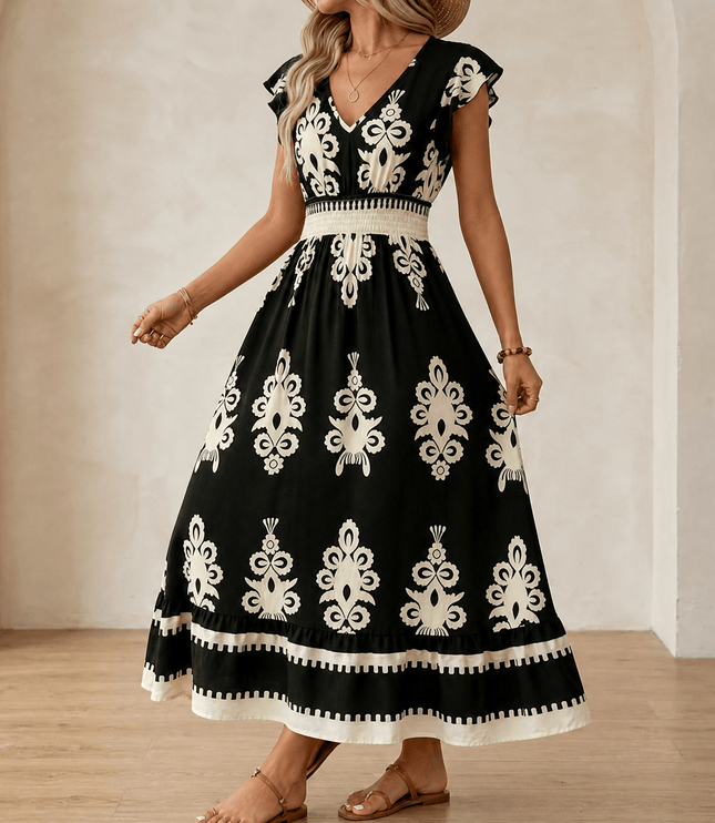 Women's Smocked Baroque Print Cap Sleeve Maxi Dress