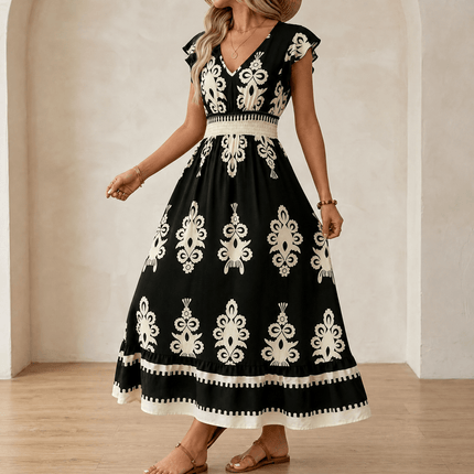 Women's Smocked Baroque Print Cap Sleeve Maxi Dress