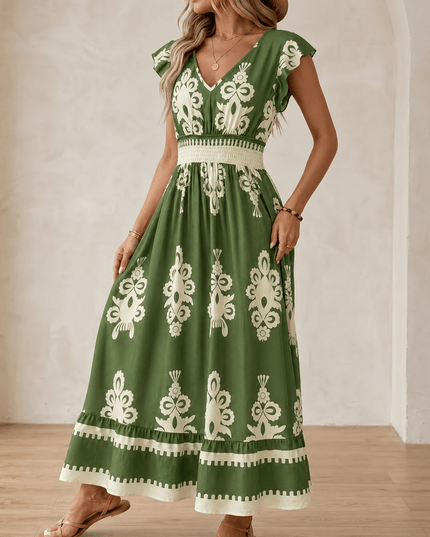 Women's Smocked Baroque Print Cap Sleeve Maxi Dress