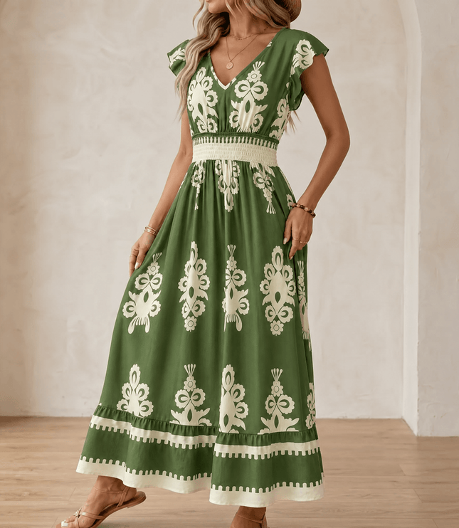 Women's Smocked Baroque Print Cap Sleeve Maxi Dress