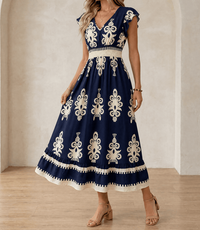 Women's Smocked Baroque Print Cap Sleeve Maxi Dress