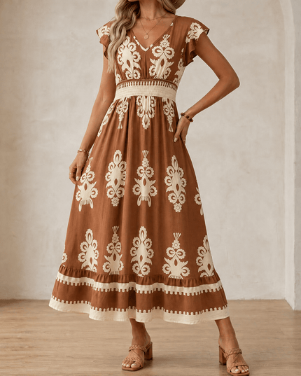 Women's Smocked Baroque Print Cap Sleeve Maxi Dress