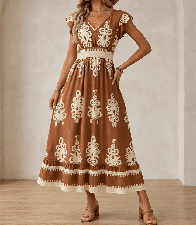 Women's Smocked Baroque Print Cap Sleeve Maxi Dress