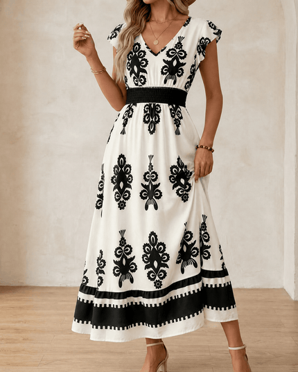 Women's Smocked Baroque Print Cap Sleeve Maxi Dress