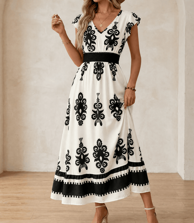 Women's Smocked Baroque Print Cap Sleeve Maxi Dress