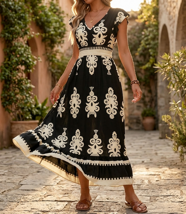 Women's Smocked Baroque Print Cap Sleeve Maxi Dress
