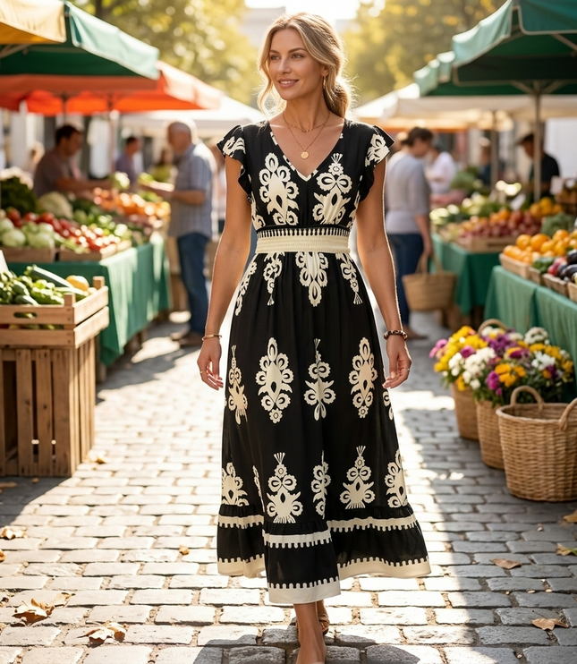Women's Smocked Baroque Print Cap Sleeve Maxi Dress
