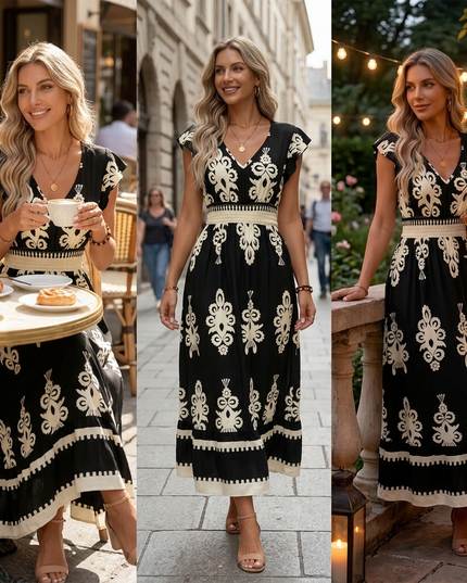 Women's Smocked Baroque Print Cap Sleeve Maxi Dress