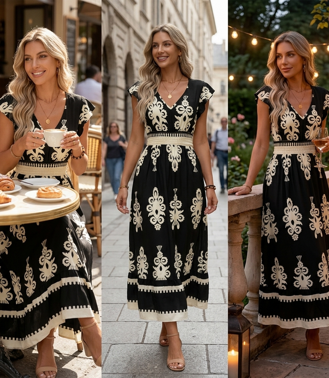 Women's Smocked Baroque Print Cap Sleeve Maxi Dress