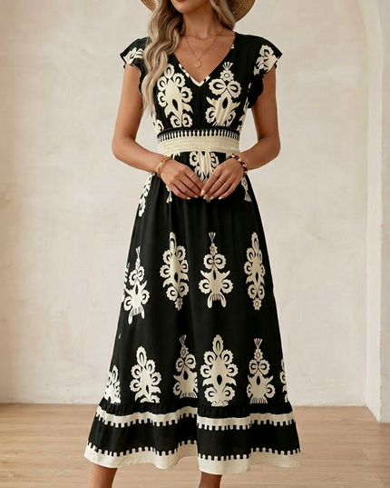 Women's Smocked Baroque Print Cap Sleeve Maxi Dress
