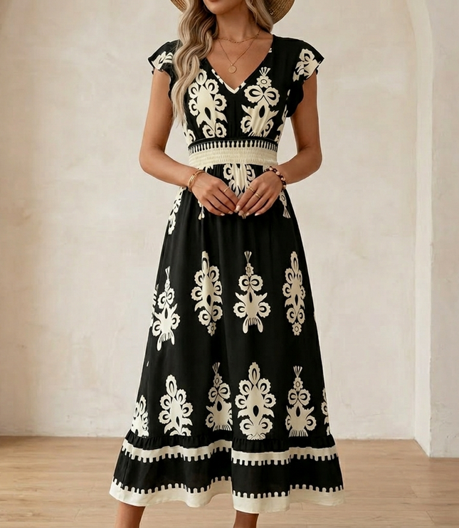 Women's Smocked Baroque Print Cap Sleeve Maxi Dress
