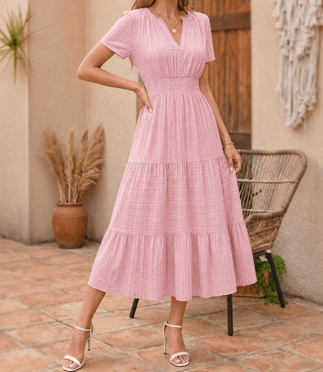 Women's Smocked Waist Tiered Summer Midi Dress