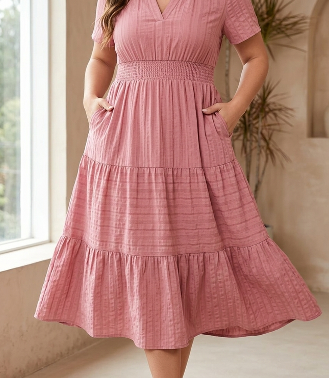 Women's Smocked Waist Tiered Summer Midi Dress