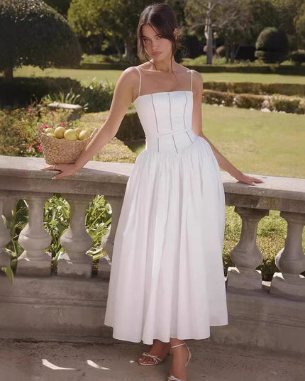 Women's Spaghetti Strap Pleated Wedding Guest Midi Dress