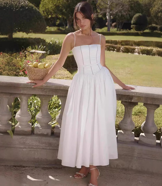 Women's Spaghetti Strap Pleated Wedding Guest Midi Dress