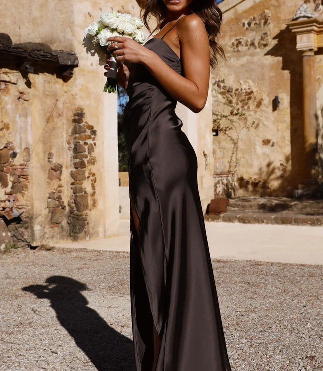 Women's Square Neck High Slit Ruched Maxi Dress