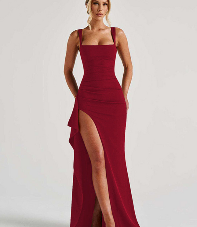 Women's Square Neck High Split Ruched Summer Maxi Dress